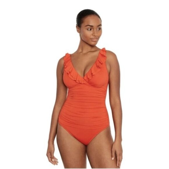 Ralph Lauren Ruffled One-Piece Swimsuit Sz 14 Underwire Suplice Slimming Ruched - Picture 2 of 9